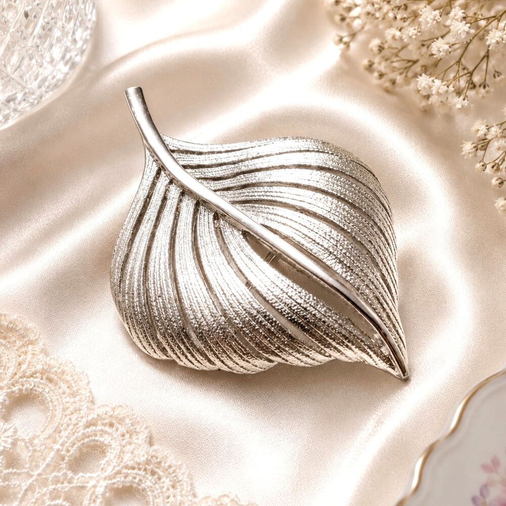 Vintage Mid Century Brushed Silver Tone Leaf Brooch